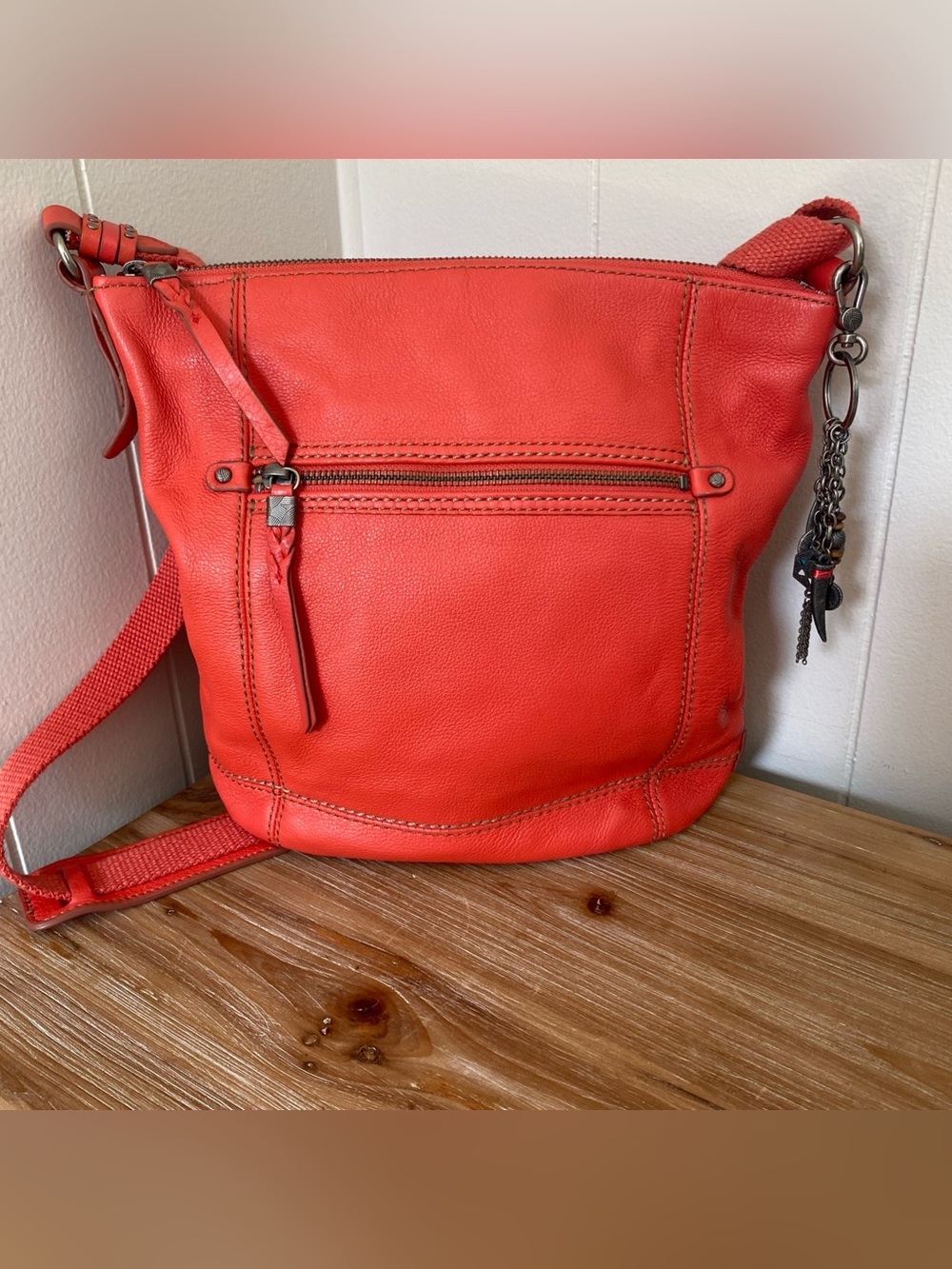 The Sak Pebbled Leather Crossbody Bag Orange/Red Medium Silver Adjustable Strap